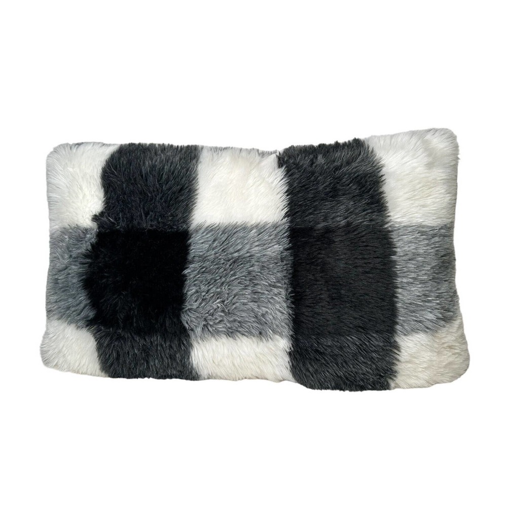 Farmhouse Buffalo‎ Check Plaid Throw Pillow Black White Rectangle Faux Fur 23x14